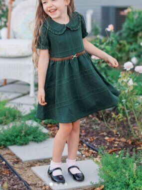Janie and Jack Dark Green Quilted Equestrian Collared Swing Dress Size 8